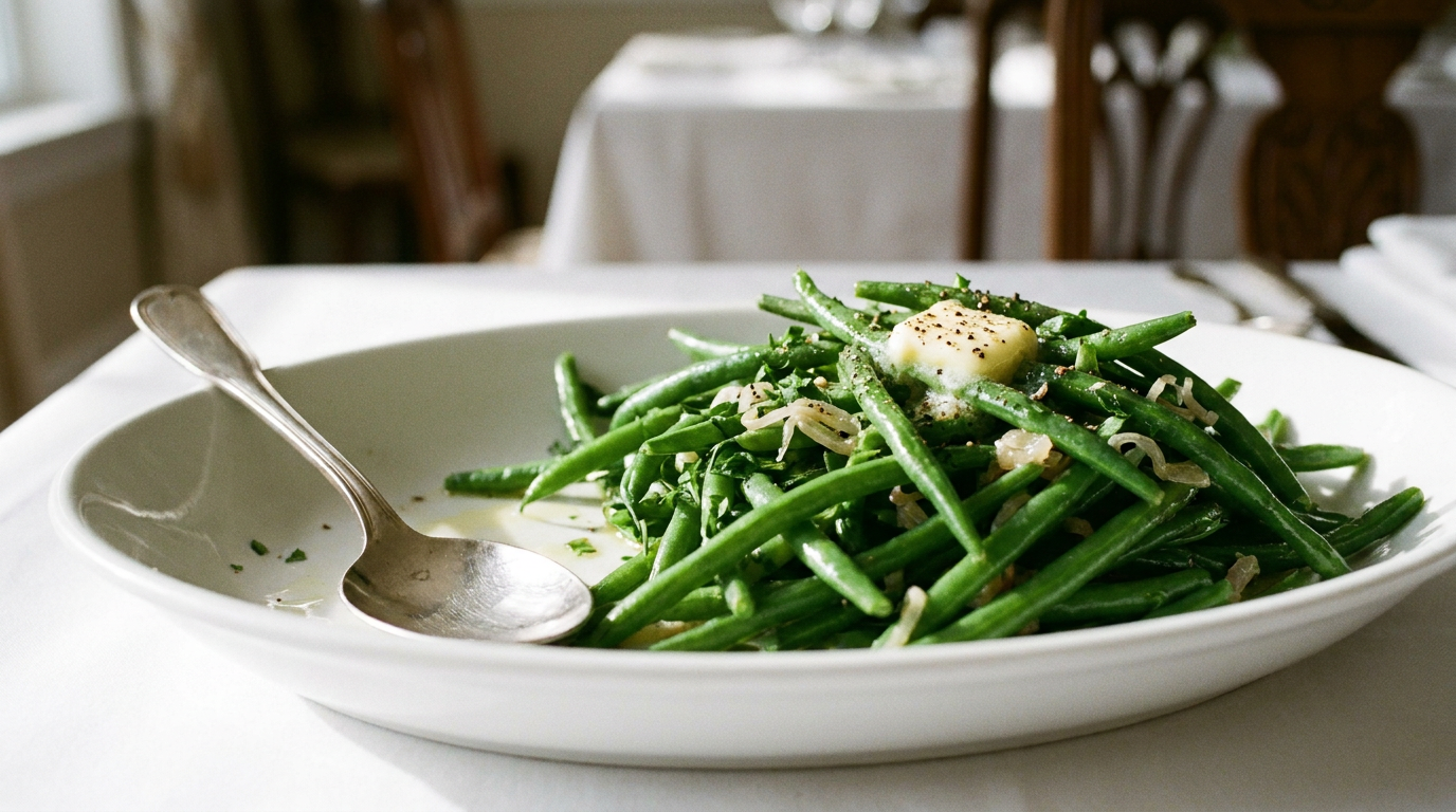 Haricots verts d'un vert franc et brillant en tas dans un plat blanc, beurre en train de fondre dessus, persil et échalote