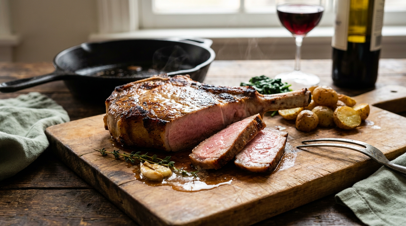 Côte de veau épaisse à la croûte dorée, tranchée sur une planche et montrant une chair rosée, avec thym et pommes de terre rôties