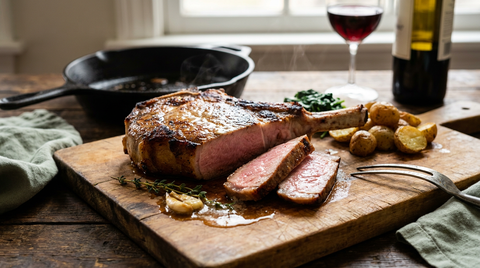 Côte de veau épaisse à la croûte dorée, tranchée sur une planche et montrant une chair rosée, avec thym et pommes de terre rôties