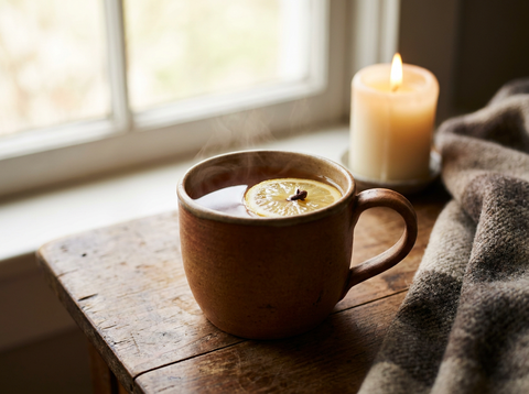 Grog au rhum fumant dans un mug en céramique, rondelle de citron et clou de girofle