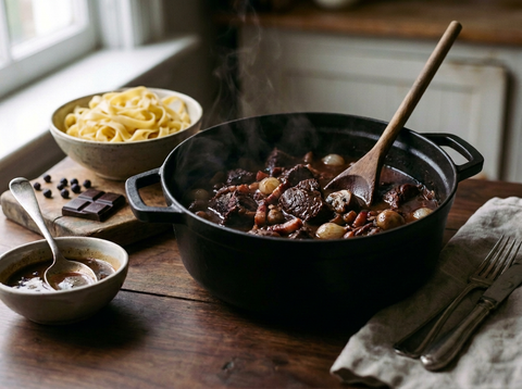 Civet de sanglier mijoté dans une cocotte en fonte avec lardons, petits oignons et champignons, tagliatelles fraîches et chocolat noir à côté