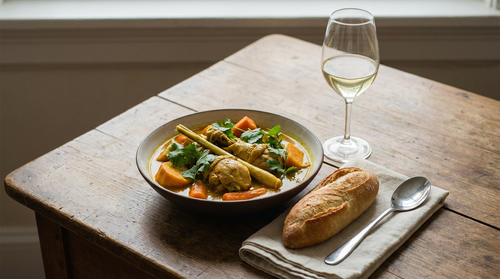 Cà ri gà, le cari vietnamien de poulet : citronnelle et curcuma, la patate douce frite avant pour qu'elle ne s'écrase pas, et une baguette pour saucer