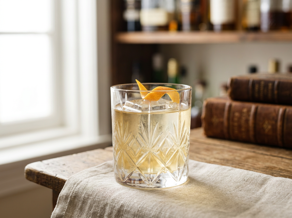 Cocktail Charlie Chaplin rouge foncé dans une coupe, zeste de citron