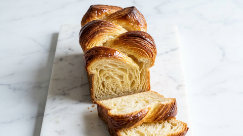 Brioche feuilletée dorée sur du marbre blanc, boudins torsadés aux couches fines et laquées, tranches coupées devant montrant la mie feuilletée