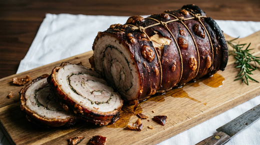 Porchetta rôtie, rouleau de porc à la couenne cloquée brun acajou, ficelle nouée, tranches montrant la spirale aux herbes