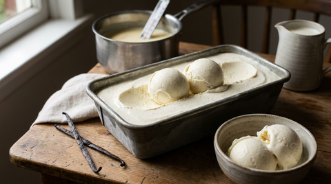 Glace à la vanille maison dans un moule à cake en métal, crème ivoire pointillée de grains de vanille, boules bien formées, casserole de crème anglaise avec thermomètre et gousses fendues