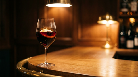 Sangria d'hiver dans un verre à vin, rouge foncé, tranche d'orange et badiane, comptoir de bar en chêne