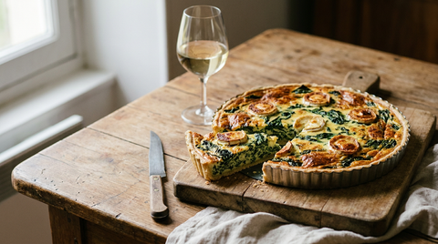 Quiche aux épinards et rondelles de chèvre dorées dans un moule cannelé, une part coupée, planche de bois, verre de vin blanc