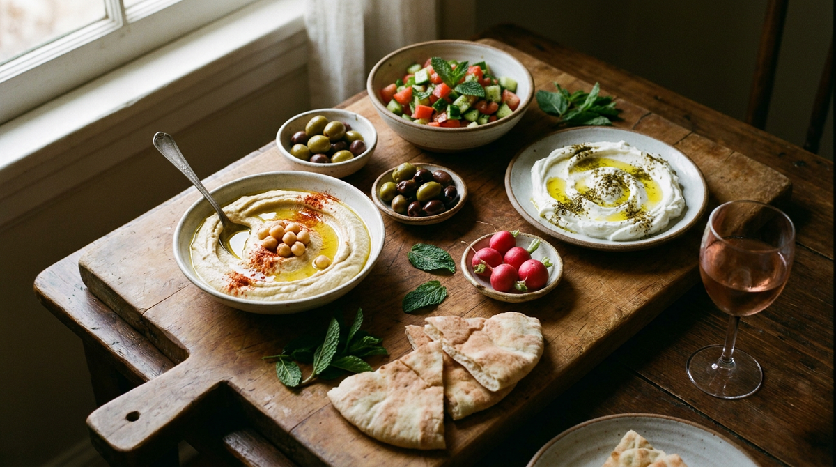 Plateau de mezze libanais, houmous nappé d'huile d'olive et de paprika, labneh crémeux au zaatar, salade de tomates et concombre, olives, pains pita chauds, feuilles de menthe, table en bois foncé