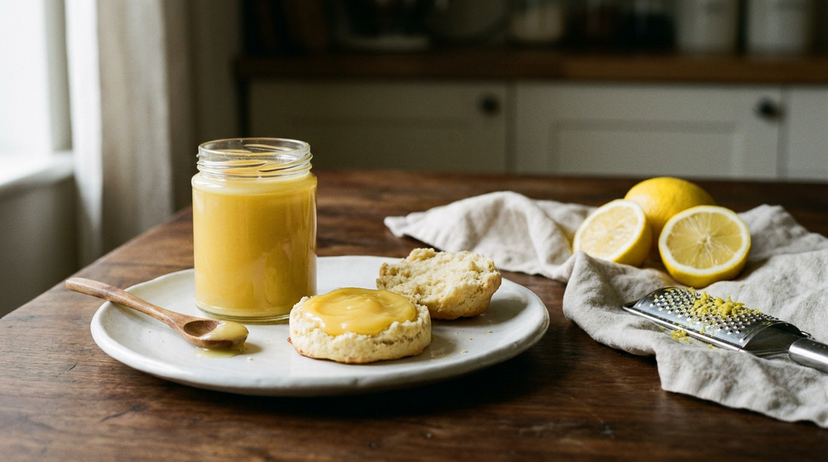 Bocal en verre de lemon curd jaune vif et onctueux, cuillère qui en prélève, scones ouverts tartinés à côté, citrons entiers et coupés, zesteur, table de petit-déjeuner en bois clair, lumière du matin