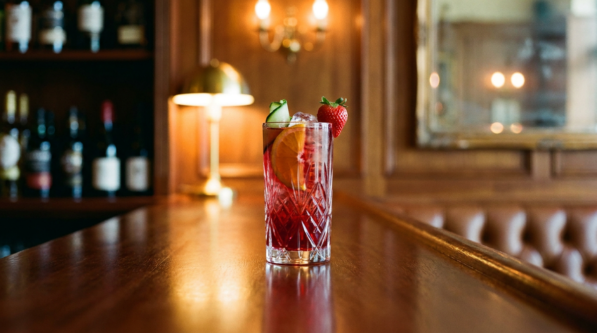Claret cup dans un grand verre taillé, orange, concombre et fraise, sur un comptoir de bar en acajou poli