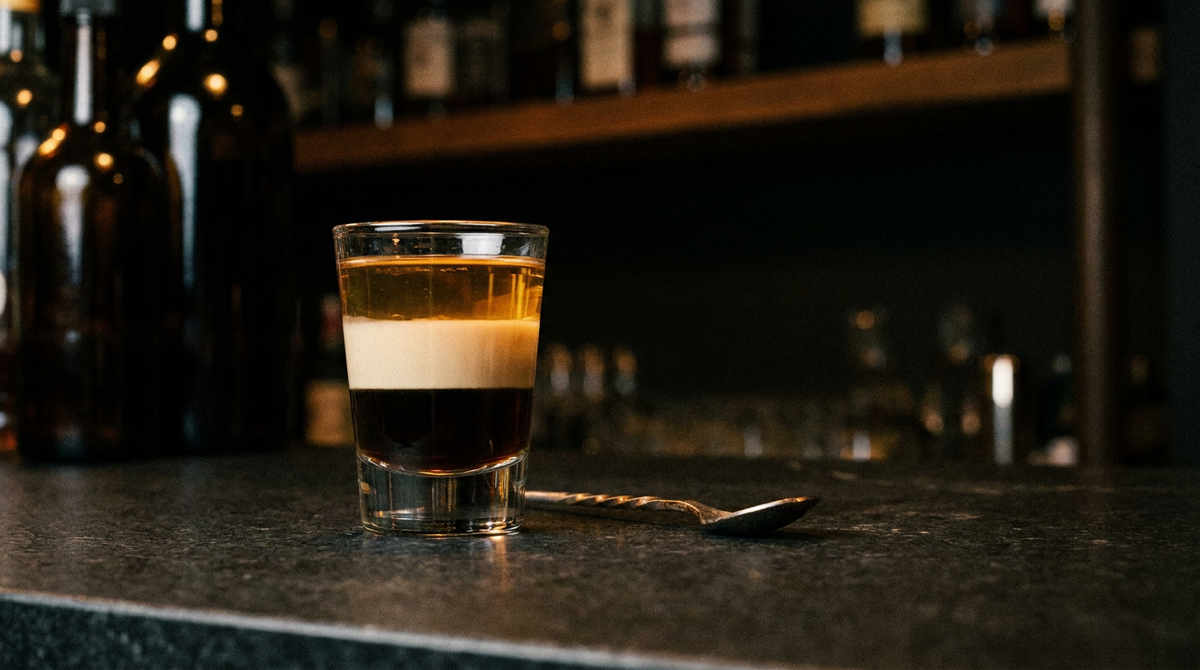 Verre à shooter droit avec trois couches nettes, brun foncé, beige crème et ambre clair, petite cuillère posée à côté, comptoir de pierre sombre, lumière chaude de bar