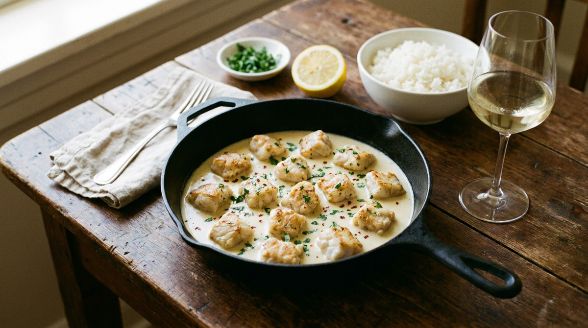 Joues de lotte poêlées dans une sauteuse en fonte, noix de chair blanche et nacrée nappées d'une sauce crémeuse à l'échalote et au vin blanc, persil haché, riz à côté, verre de blanc pâle, table de bistrot, lumière chaude