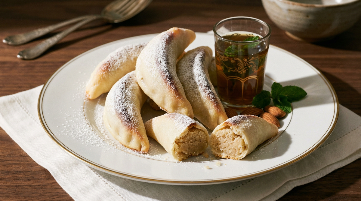 Cornes de gazelle marocaines, croissants à la pâte ivoire très fine laissant deviner la farce d'amande, sucre glace et thé à la menthe
