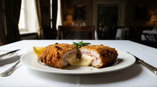 Cordon bleu maison doré, ouvert sur un fil de fromage fondu qui s'étire, sans fuite