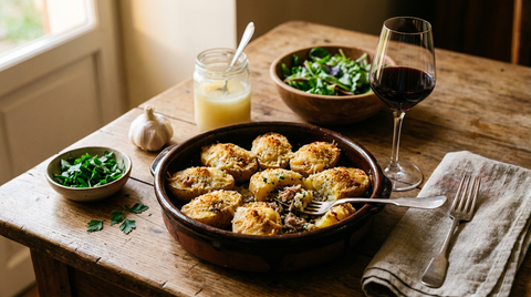 Grosses pommes de terre farcies au confit de canard effiloché, gratinées et dorées, dans un plat en terre, persil et ail, verre de rouge, table de ferme en bois, lumière chaude