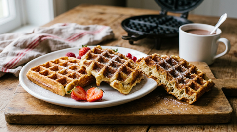 Gaufres dorées à alvéoles profondes sur une assiette blanche, avec sucre glace et fraises
