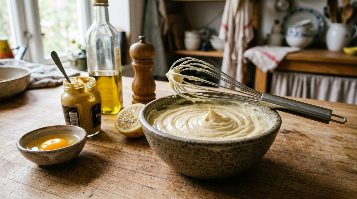 Mayonnaise maison montée dans un bol en grès avec les traces du fouet, jaune d'œuf, moutarde et huile à côté