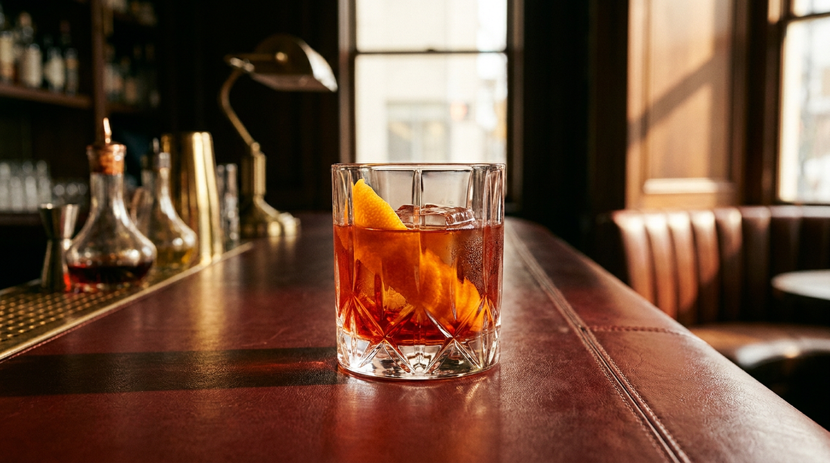 Negroni sans alcool dans un verre à fond épais, gros glaçon et zeste d'orange, comptoir de cuir bordeaux