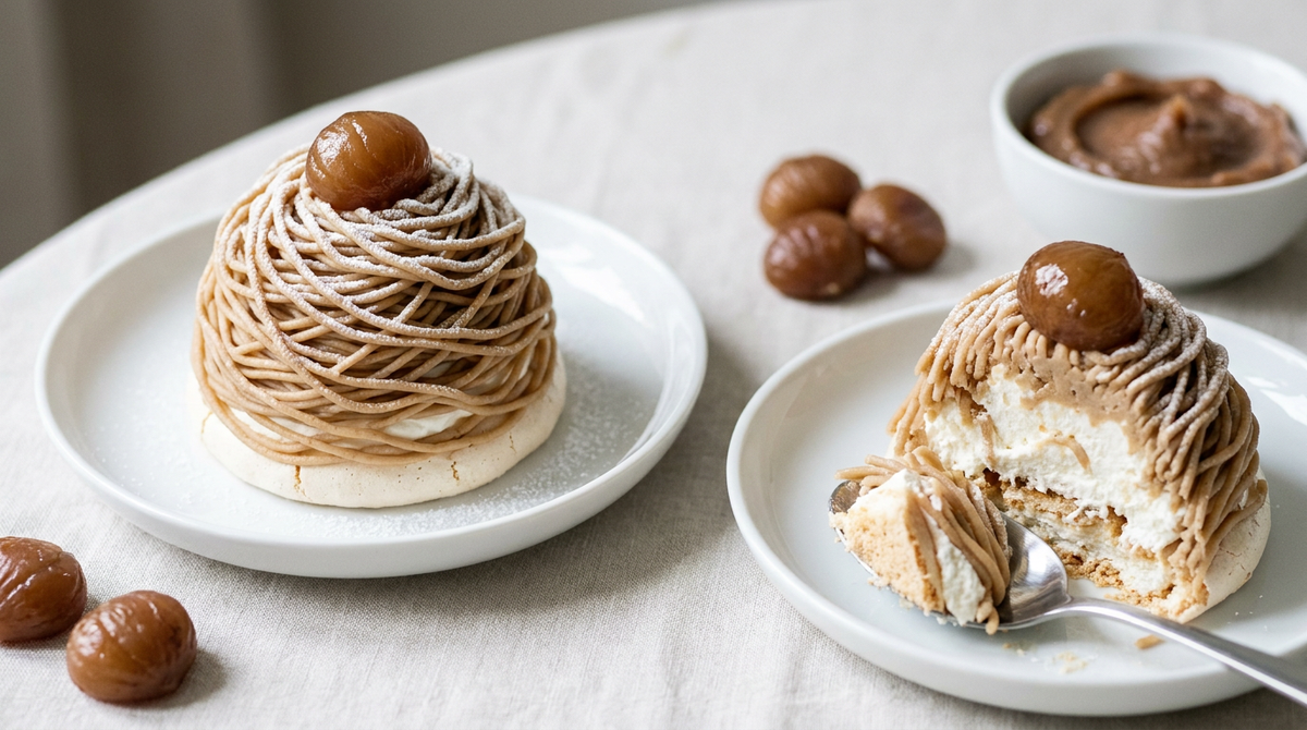 Mont-blanc en dôme de vermicelles de crème de marrons, un dessert coupé montrant la meringue blanche et la chantilly à l'intérieur
