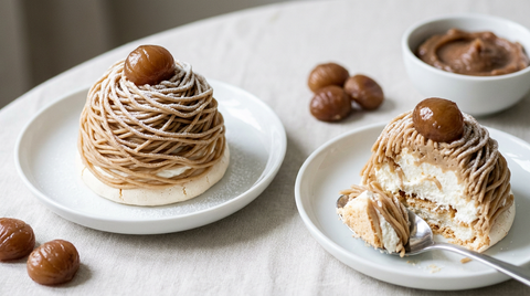 Mont-blanc en dôme de vermicelles de crème de marrons, un dessert coupé montrant la meringue blanche et la chantilly à l'intérieur