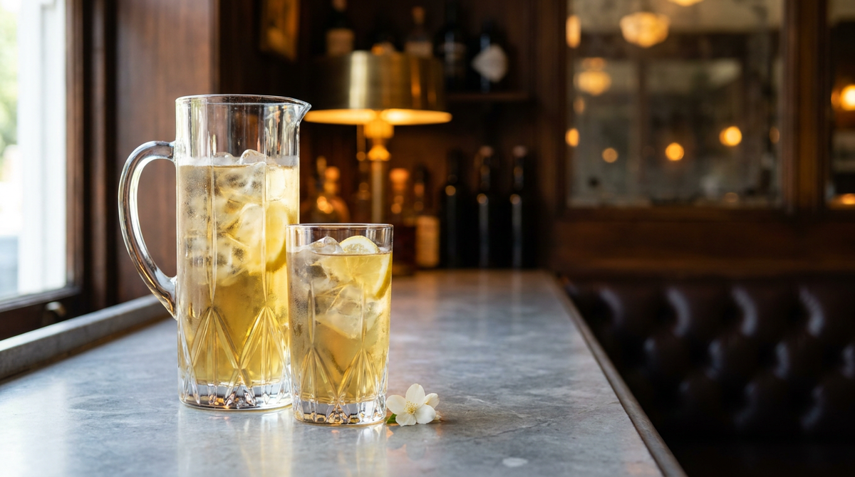 Thé glacé au jasmin limpide dans un pichet et un verre sur glace, petite fleur blanche posée à côté, plan en pierre claire