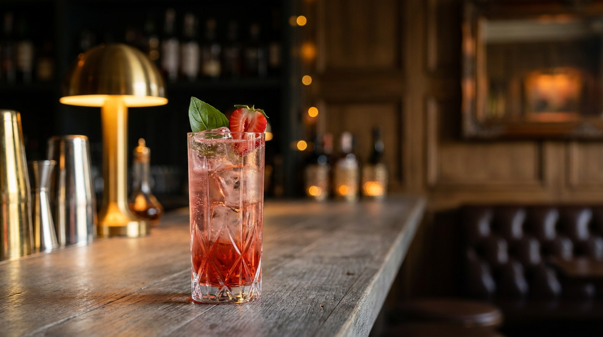 Shrub fraise basilic allongé dans un grand verre, demi-fraise et feuille de basilic, bois de grange gris