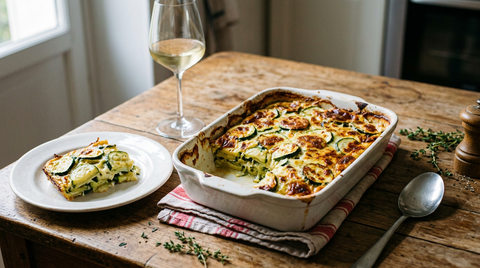 Gratin de courgettes doré dans un plat en terre cuite blanche, une part servie dans une assiette montrant les couches de rondelles