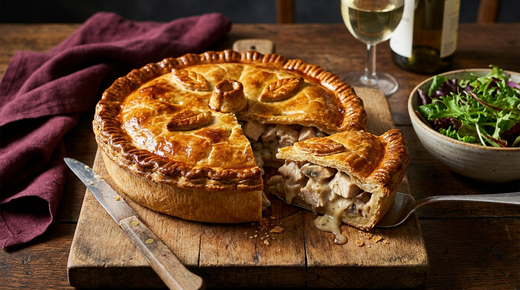 Tourte au poulet et aux champignons à la pâte dorée, une part coupée montrant la garniture crémeuse et le fond de pâte net