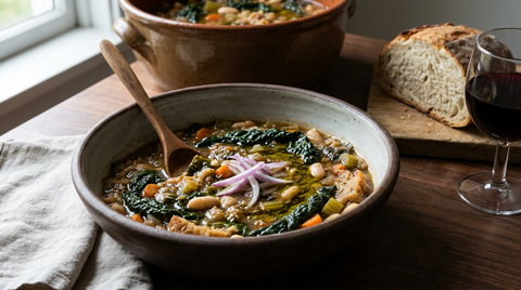 Bol rustique en céramique d'une soupe très épaisse de pain et de légumes, feuilles de chou noir, haricots blancs, carotte et céleri, filet d'huile d'olive et anneaux d'oignon rouge dessus, marmite en terre derrière, pain toscan.