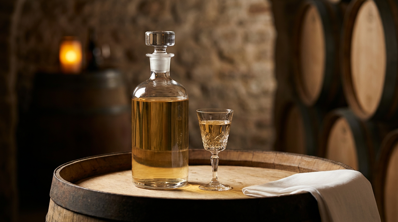Carafe bouchée remplie d'English Milk Punch parfaitement limpide et ambré, et un petit verre à pied, sur un fond de tonneau en cave