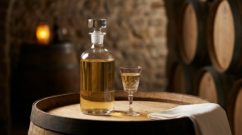 Carafe bouchée remplie d'English Milk Punch parfaitement limpide et ambré, et un petit verre à pied, sur un fond de tonneau en cave