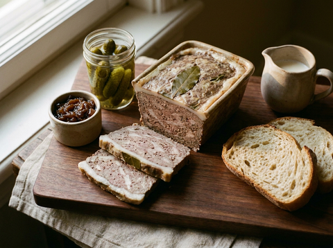 Terrine de gibier tranchée sur une planche en bois, feuille de laurier sur le dessus, cornichons, confiture d'oignons et pain de campagne