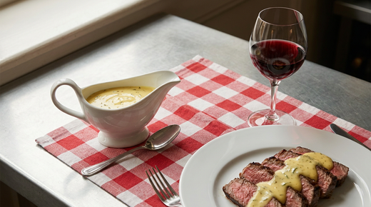 Sauce béarnaise en saucière et steak grillé nappé, nappe à carreaux, verre de vin rouge