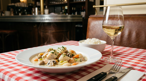 Blanquette de la mer : lotte, cabillaud et saint-jacques pochés trois minutes dans un velouté de fumet, lié au jaune d'œuf hors du feu