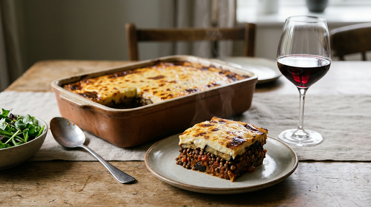 Moussaka végétarienne dans un plat en terre, aubergines rôties, ragoût de lentilles à la tomate et béchamel gratinée dorée, une part sur une assiette montrant les couches, cuillère à plat, salade verte, verre de vin rouge, table en bois