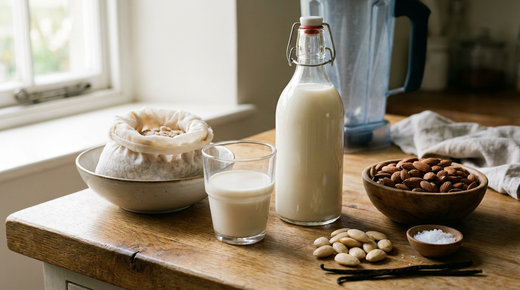 Lait d'amande maison en bouteille de verre et dans un verre, sac à lait végétal avec la pulpe dans un bol, bol d'amandes entières, amandes émondées, sel et gousse de vanille sur un plan de travail en chêne, blender flou derrière