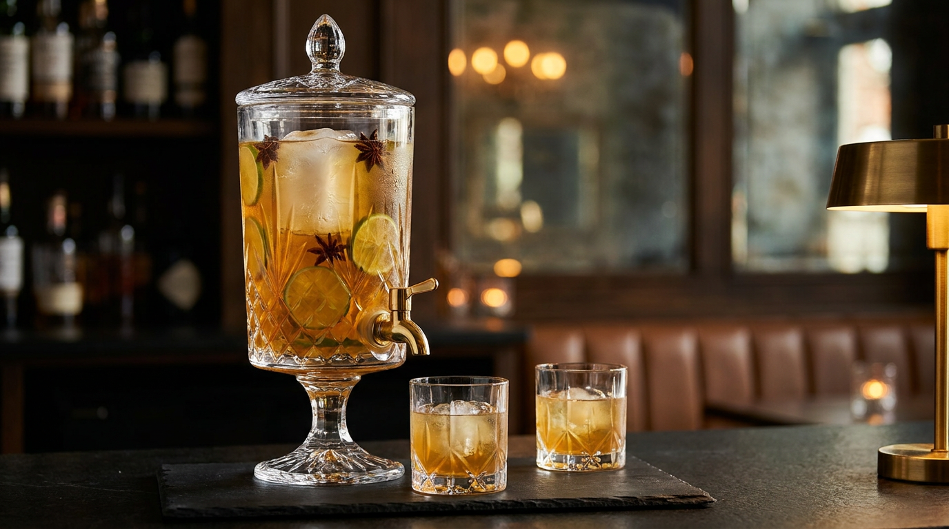 Distributeur en verre taillé à robinet de laiton rempli de punch au rhum pour 30 personnes, citron vert et bloc de glace