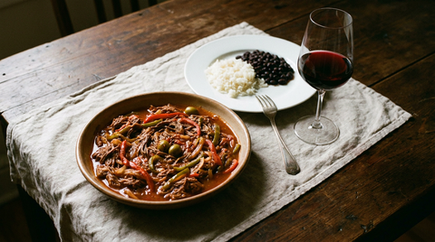 Plat en terre de ropa vieja cubaine, bœuf effiloché en longs filaments dans une sauce tomate aux poivrons rouges et verts, oignon et olives vertes, assiette de riz blanc et haricots noirs, verre de vin rouge