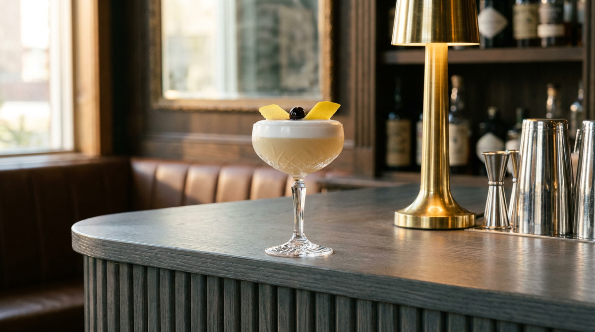 Virgin whisky sour dans une coupe avec sa mousse blanche, zeste de citron et cerise, comptoir de bois cannelé gris