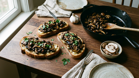 Tartines de pain de campagne grillé couvertes de champignons poêlés bien dorés et caramélisés, ail et persil plat hachés dessus, grande poêle en fonte avec le reste des champignons, tête d'ail et bol de champignons crus