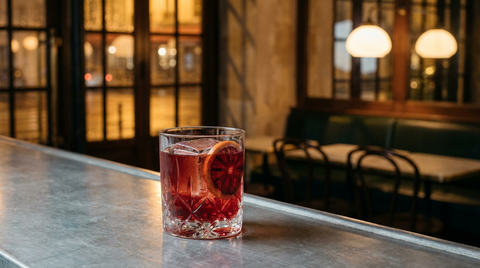 Cocktail à l'orange sanguine en verre de cristal taillé, tranche de sanguine et gros glaçon, sur le zinc d'un bistrot parisien un soir d'hiver