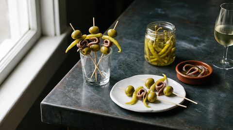 Gildas basques sur un comptoir de zinc sombre, piques de bois portant olive verte, piment guindilla plié et anchois enroulé, plantées dans un verre et posées sur une petite assiette blanche.