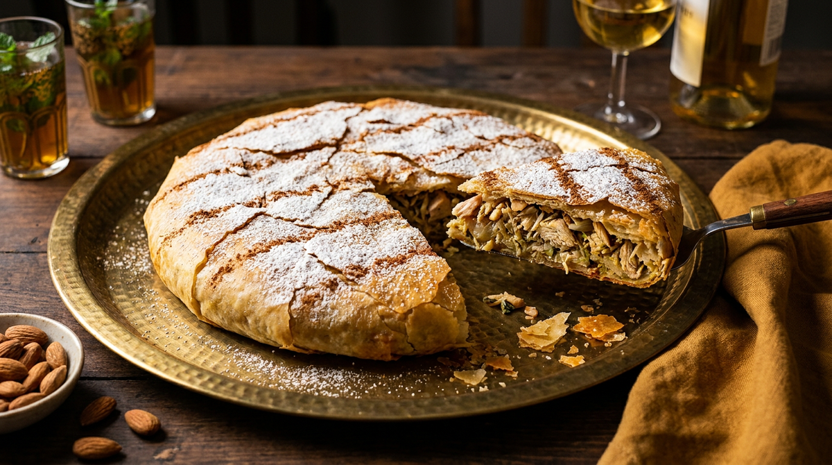 Pastilla au poulet sur un plateau en laiton, pâte brick dorée, sucre glace et cannelle, une part levée montrant la farce et les amandes