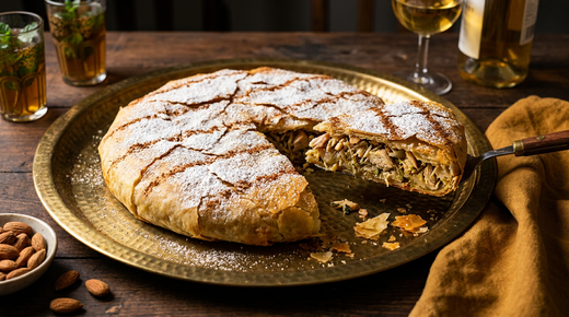 Pastilla au poulet sur un plateau en laiton, pâte brick dorée, sucre glace et cannelle, une part levée montrant la farce et les amandes