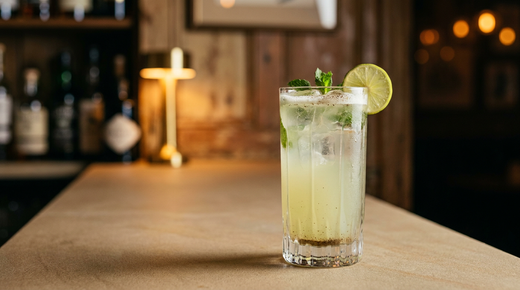 Nimbu pani trouble dans un verre haut, rondelle de citron vert et feuilles de menthe, comptoir de grès beige