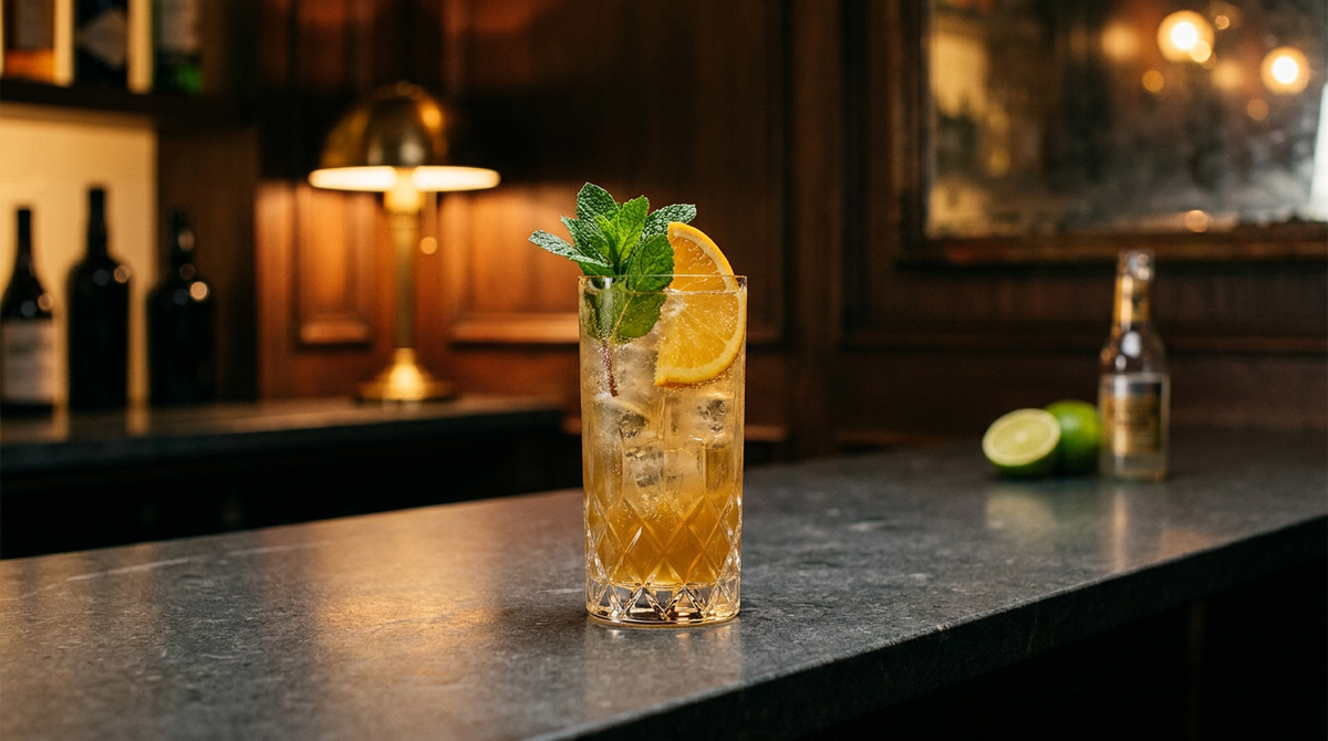 Suffering Bastard ambré sur glace dans un verre haut, bouquet de menthe fraîche et demi-rondelle d'orange, comptoir de pierre de Volvic