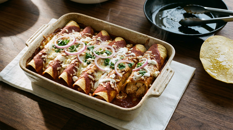 Enchiladas mexicaines en plat, six rouleaux de tortilla intacts nappés de sauce rouge, fromage fondu, oignon rouge et coriandre
