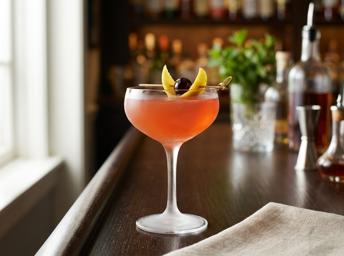 Cocktail Ward Eight dans un verre à cocktail, robe orangée rosée et garniture d'agrume, lumière naturelle