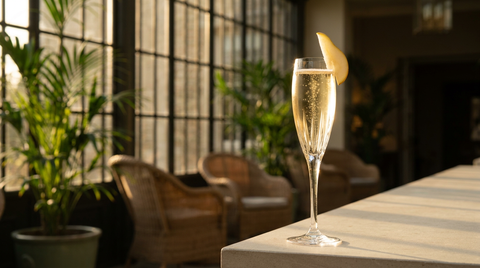 Crémant à la poire servi en flûte, bulles fines et lamelle de poire sur le bord, sur un appui de pierre claire dans une orangerie à la lumière dorée de fin d'après-midi
